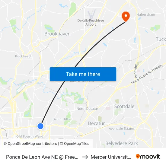Ponce De Leon Ave NE @ Freedom Pkwy NE to Mercer University, Atlanta map