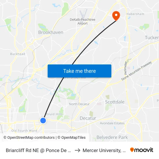 Briarcliff Rd NE @ Ponce De Leon Ave to Mercer University, Atlanta map