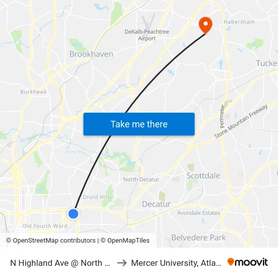 N Highland Ave @ North Ave to Mercer University, Atlanta map