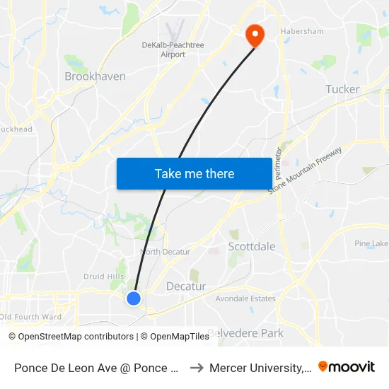 Ponce De Leon Ave @ Ponce De Leon Mnr to Mercer University, Atlanta map