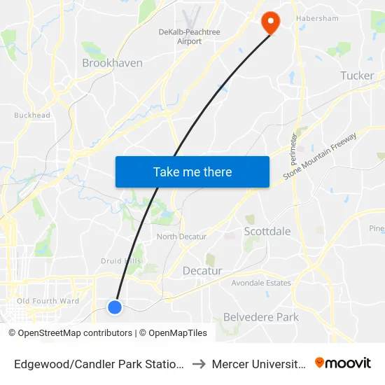 Edgewood/Candler Park Station - South Loop to Mercer University, Atlanta map