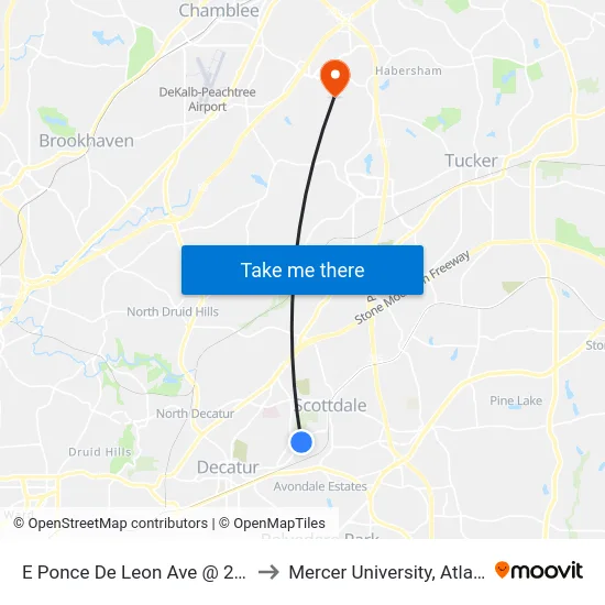 E Ponce De Leon Ave @ 2942 to Mercer University, Atlanta map