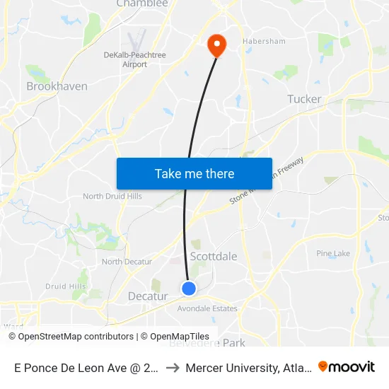 E Ponce De Leon Ave @ 2818 to Mercer University, Atlanta map
