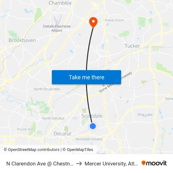 N Clarendon Ave @ Chestnut St to Mercer University, Atlanta map