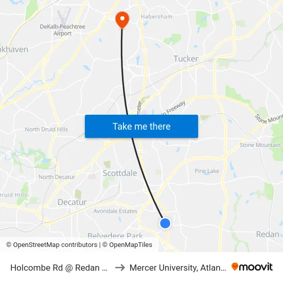 Holcombe Rd @ Redan Rd to Mercer University, Atlanta map