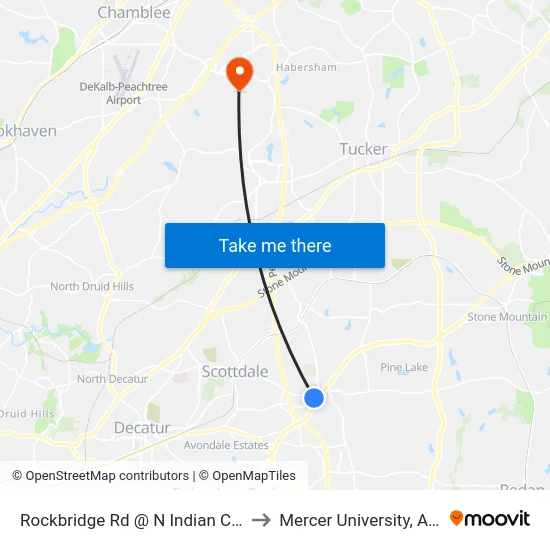 Rockbridge Rd @ N Indian Creek Dr to Mercer University, Atlanta map