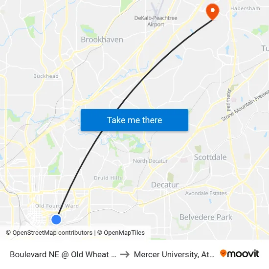 Boulevard NE @ Old Wheat St NE to Mercer University, Atlanta map