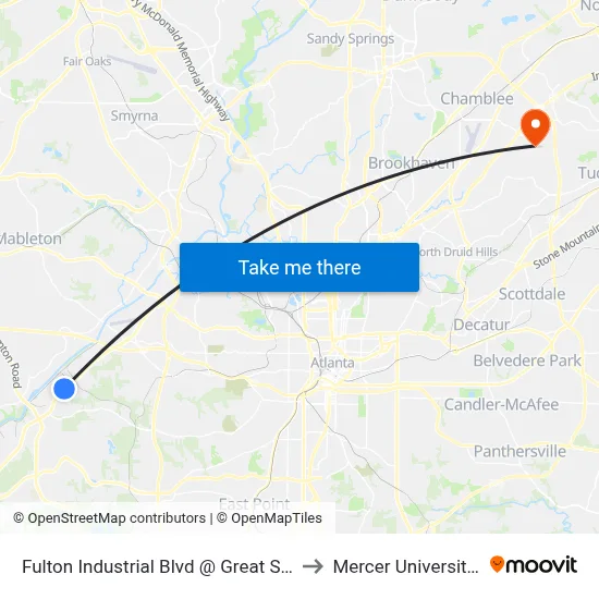 Fulton Industrial Blvd @ Great Southwest Pkwy to Mercer University, Atlanta map