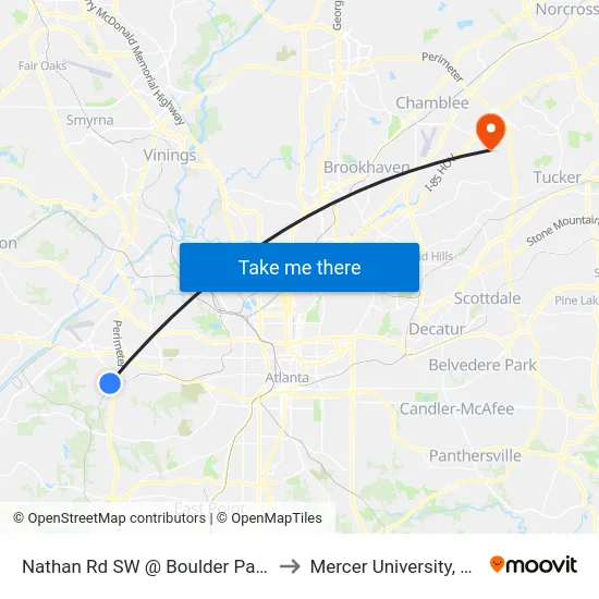 Nathan Rd SW @ Boulder Park Dr SW to Mercer University, Atlanta map