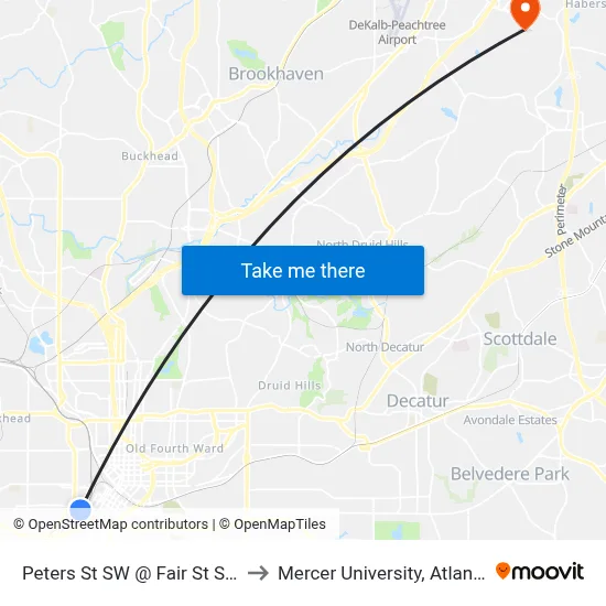 Peters St SW @ Fair St SW to Mercer University, Atlanta map