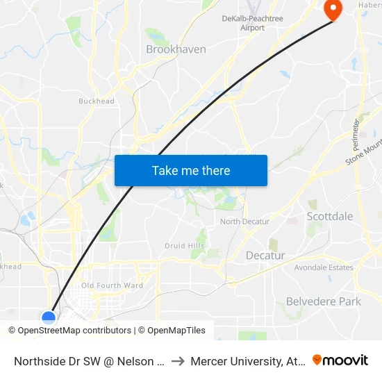 Northside Dr SW @ Nelson St SW to Mercer University, Atlanta map