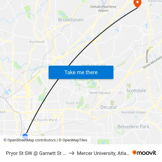 Pryor St SW @ Garnett St SW to Mercer University, Atlanta map