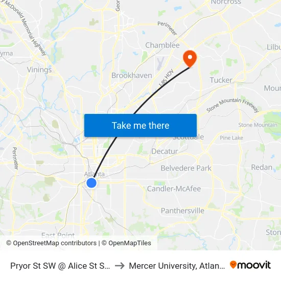 Pryor St SW @ Alice St SW to Mercer University, Atlanta map