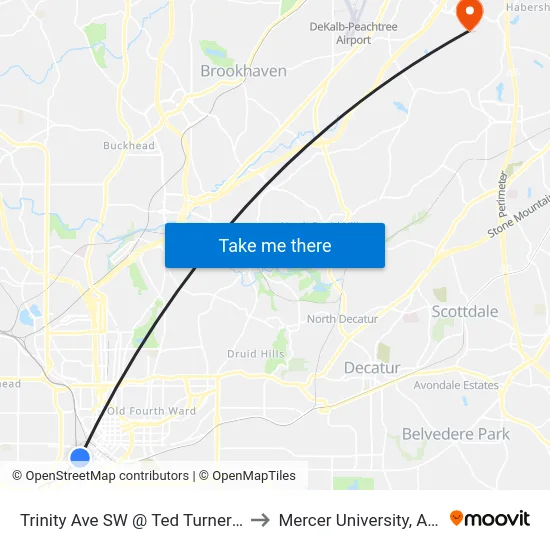 Trinity Ave SW @ Ted Turner Dr SW to Mercer University, Atlanta map