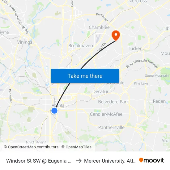 Windsor St SW @ Eugenia St SW to Mercer University, Atlanta map