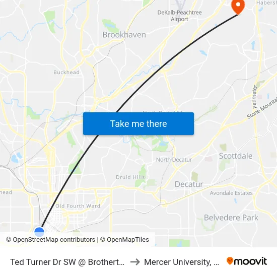 Ted Turner Dr SW @ Brotherton St SW to Mercer University, Atlanta map