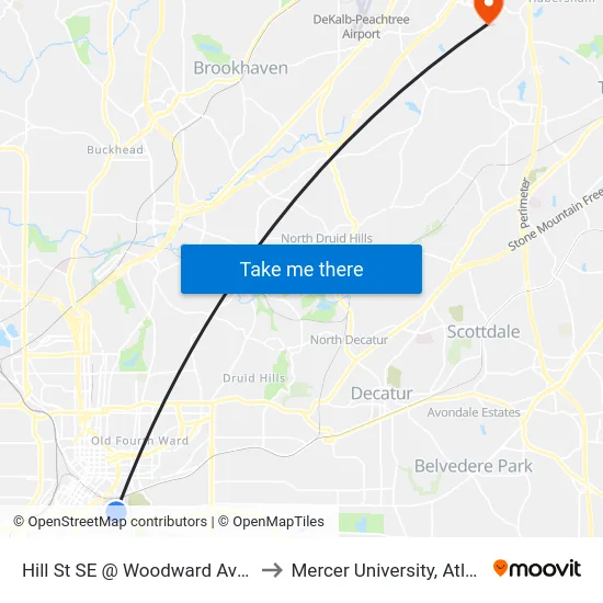 Hill St SE @ Woodward Ave SE to Mercer University, Atlanta map