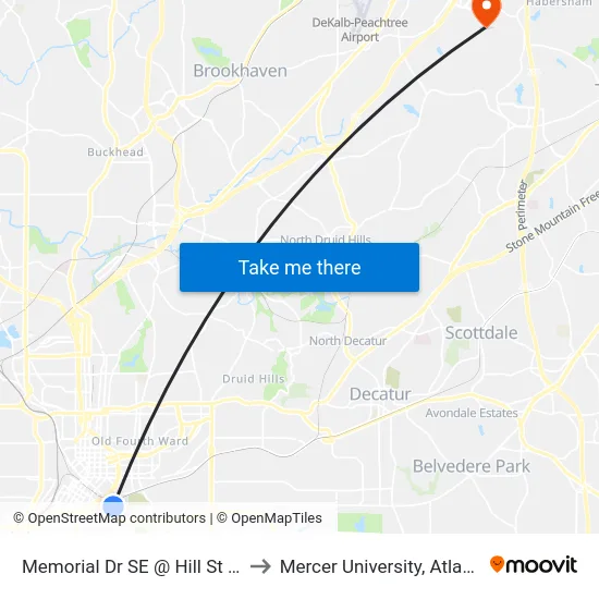 Memorial Dr SE @ Hill St SE to Mercer University, Atlanta map
