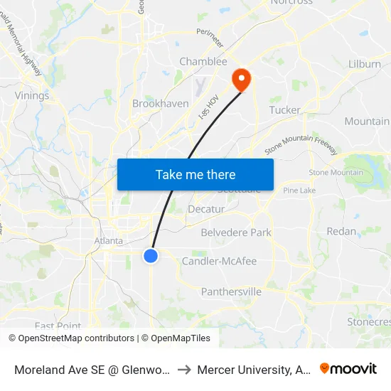 Moreland Ave SE @ Glenwood Ave to Mercer University, Atlanta map