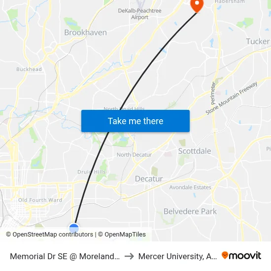 Memorial Dr SE @ Moreland Ave SE to Mercer University, Atlanta map
