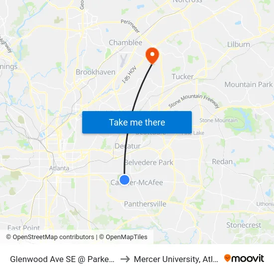 Glenwood Ave SE @ Parker Ave to Mercer University, Atlanta map