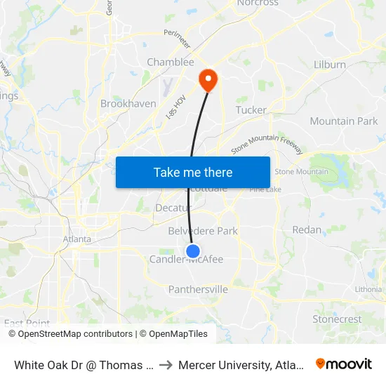 White Oak Dr @ Thomas St to Mercer University, Atlanta map