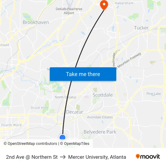 2nd Ave @ Northern St to Mercer University, Atlanta map