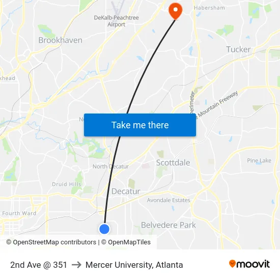2nd Ave @ 351 to Mercer University, Atlanta map
