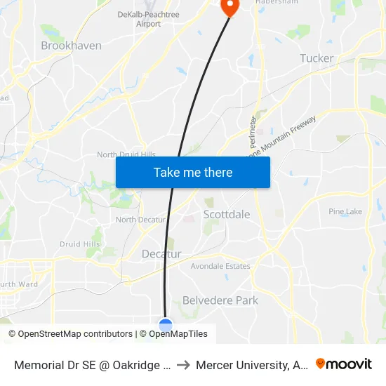 Memorial Dr SE @ Oakridge Ave SE to Mercer University, Atlanta map