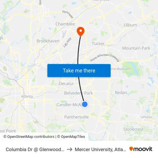 Columbia Dr @ Glenwood Rd to Mercer University, Atlanta map