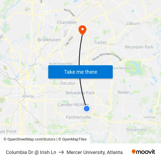 Columbia Dr @ Irish Ln to Mercer University, Atlanta map