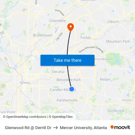Glenwood Rd @ Derrill Dr to Mercer University, Atlanta map