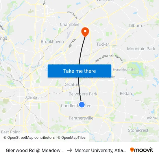 Glenwood Rd @ Meadow Ln to Mercer University, Atlanta map