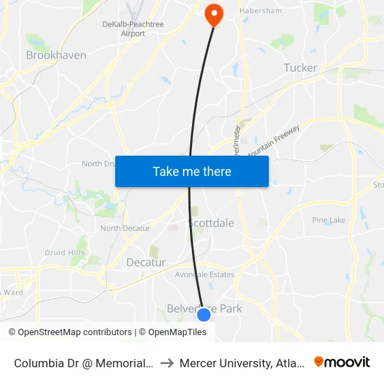 Columbia Dr @ Memorial Dr to Mercer University, Atlanta map