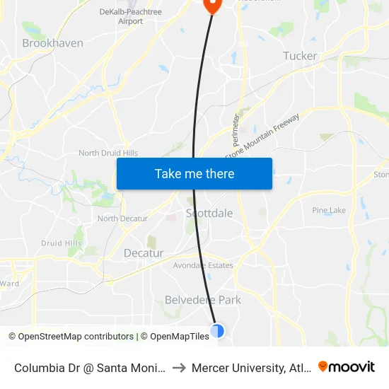 Columbia Dr @ Santa Monica Dr to Mercer University, Atlanta map