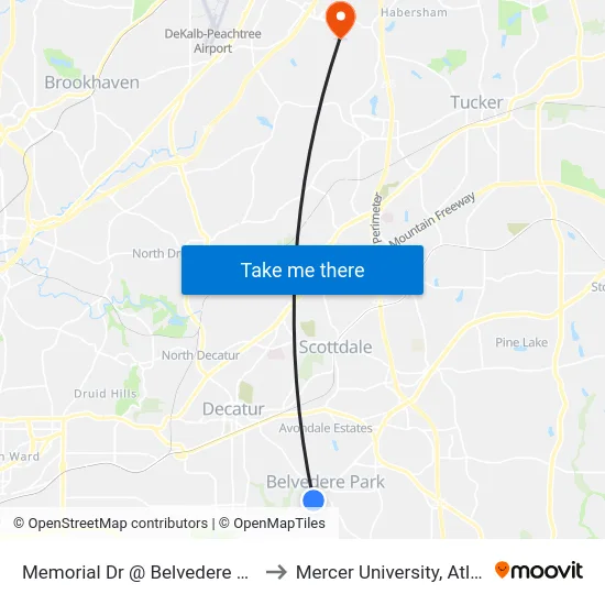 Memorial Dr @ Belvedere Plaza to Mercer University, Atlanta map