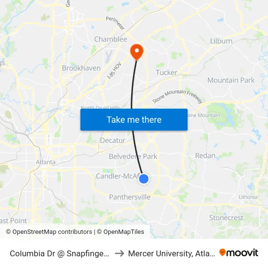 Columbia Dr @ Snapfinger Rd to Mercer University, Atlanta map