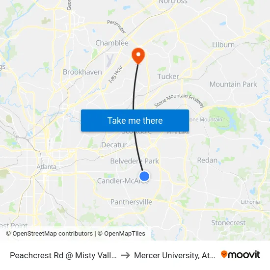 Peachcrest Rd @ Misty Valley Rd to Mercer University, Atlanta map