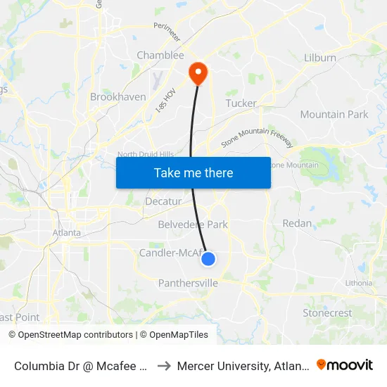 Columbia Dr @ Mcafee Rd to Mercer University, Atlanta map
