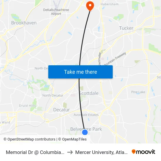Memorial Dr @ Columbia Dr to Mercer University, Atlanta map