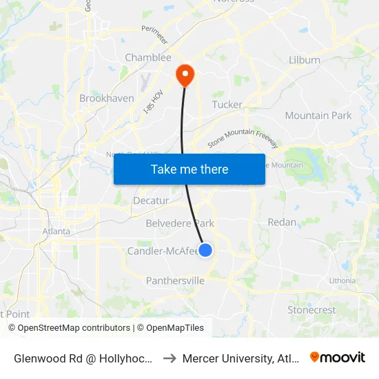 Glenwood Rd @ Hollyhock Ter to Mercer University, Atlanta map
