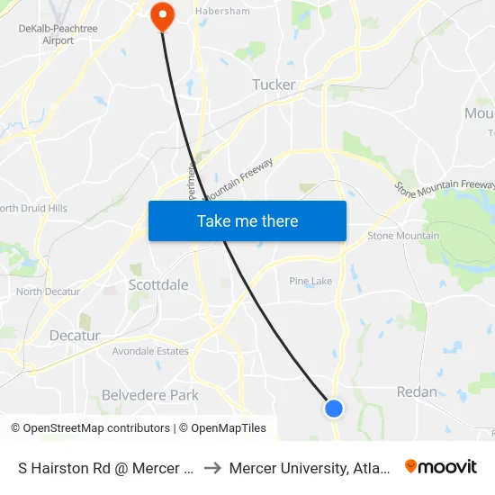 S Hairston Rd @ Mercer Rd to Mercer University, Atlanta map