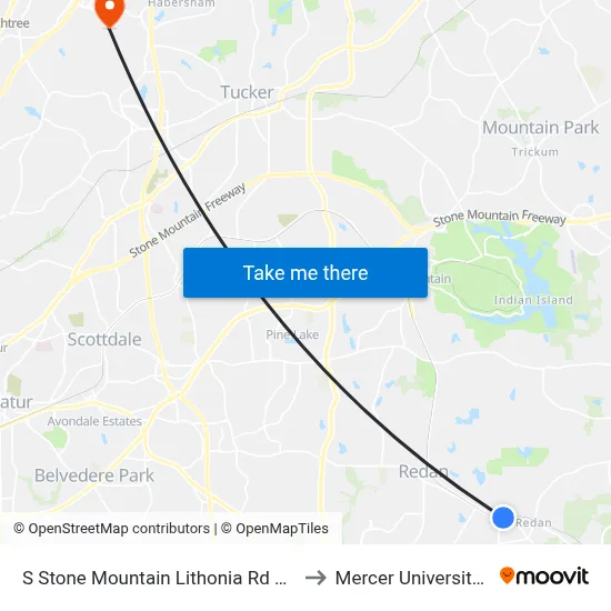 S Stone Mountain Lithonia Rd @ Wellborn Rd to Mercer University, Atlanta map