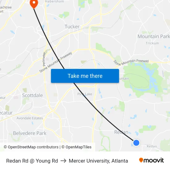 Redan Rd @ Young Rd to Mercer University, Atlanta map