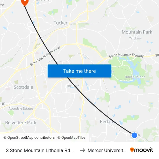 S Stone Mountain Lithonia Rd @ S Deshon Rd to Mercer University, Atlanta map