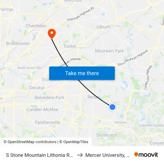 S Stone Mountain Lithonia Rd @ 2270 to Mercer University, Atlanta map