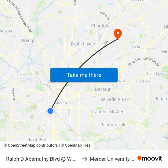 Ralph D Abernathy Blvd @ W Whitehall St to Mercer University, Atlanta map