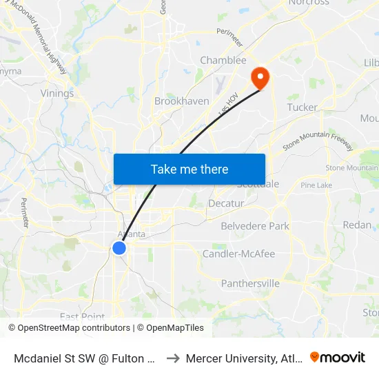 Mcdaniel St SW @ Fulton St SW to Mercer University, Atlanta map