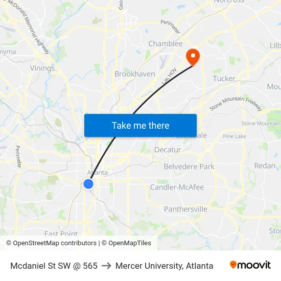 Mcdaniel St SW @ 565 to Mercer University, Atlanta map