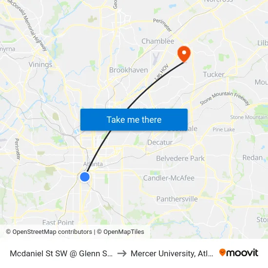 Mcdaniel St SW @ Glenn St SW to Mercer University, Atlanta map